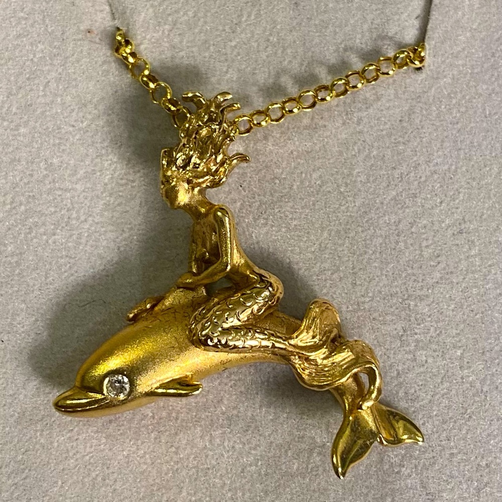 Pre-owned Steven Douglas 14K Yellow Gold Mermaid Riding A Dolphin Pendant